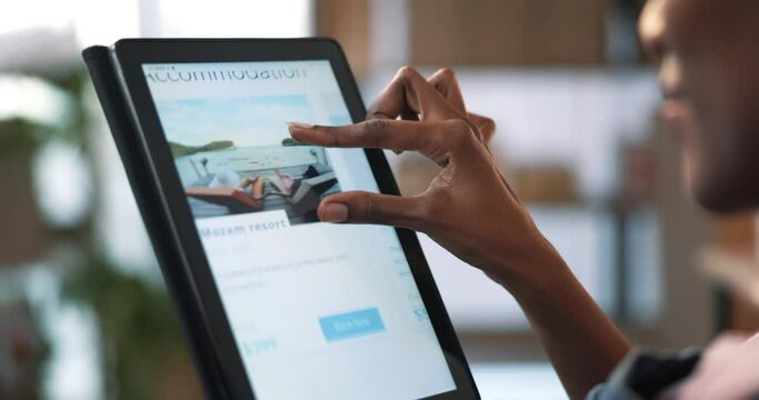 Women, tablet and vacation planning with screen, click or scroll for choice, travel website and reading in home. Girl, holiday and touchscreen with search for location, resort and tropical adventure