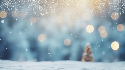 Fototapeta na wymiar Christmas winter blurred background. Christmas tree with snow decorated with garland lights, festive background. Widescreen background. New year winter art design, widescreen holiday border