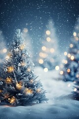 Christmas winter blurred background (vertical image). Christmas tree with snow decorated with garland lights, festive background. Vertical screen background. New year winter art design, widescreen hol - obrazy, fototapety, plakaty