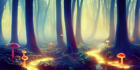 Mystical forest with glowing mushrooms