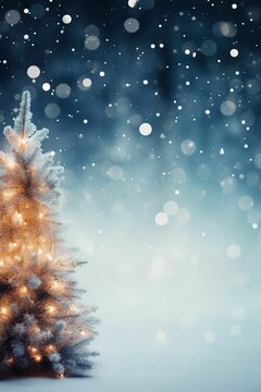 Christmas winter blurred background (vertical image). Christmas tree with snow decorated with garland lights, festive background. Vertical screen background. New year winter art design, widescreen hol