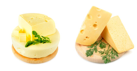 Cheese on a cheese board isolated on white. Collage. Wide photo. Free space for text.