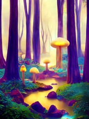 Mystical forest with glowing mushrooms