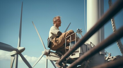A male engineer, a maintenance worker for wind turbines is engaged in repair and inspection.
