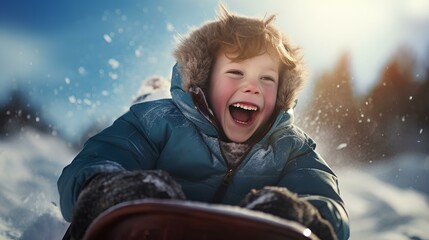 A little boy, a happy child rides in a sleigh in the snow.