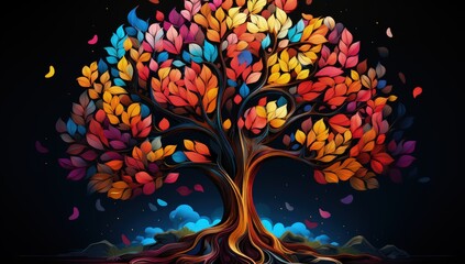Obraz na płótnie Canvas Psychedelic Realism Highly Realistic 4px Color Tree with Vibrant Leaves - Optical Color Mixing in Fantasy Art. AI Generate