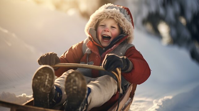 A little boy, a happy child rides in a sleigh in the snow.
