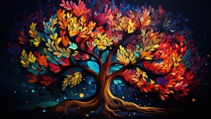 Obraz na płótnie Canvas Vibrant Fantasy Tree Ultra-Detailed Realistic Artwork on Dark Background - Abstract Colorist Sculptor's Optical Illusion. AI Generate