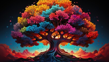 Fototapeta na wymiar Vibrant Color Gradients Highly Realistic 4px Color Tree & Leaves - Psychedelic Realism in Fantasy Art. AI Generate