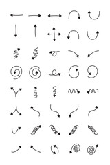 Elements of an infographic on an isolated background. A grouping of arrows. Design highlighters. Simple arrow drawn by hand. Line drawing. A collection of various signs. 