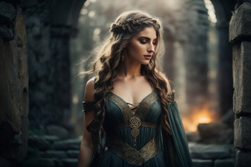Fototapeta premium Poster Design of celtic warrior woman with Flowing Dress with Celtic Knot and Jewelry, Stone Ruins in thew background. Image created using artificial intelligence.