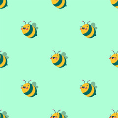 Obraz na płótnie Canvas Beautiful honeybees isolated on light green background is in Seamless pattern - vector illustration