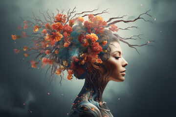 Female head with creative mess: flowers and twigs. Mind care, mental health concept. AI Generated