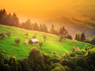 Autumn rural scenery and alpine village with gardens. Colorful deciduous trees and picturesque...
