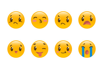 Emoticon faces in different mood vector illustrations set. Happy, sad, angry, shy character icons smiling, crying, kissing or blushing on white background. Emotion, social media concept