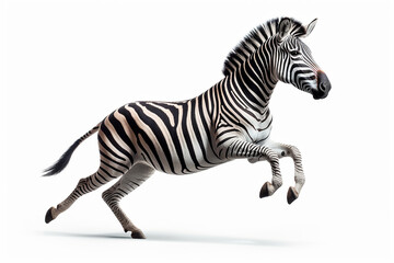 Fototapeta na wymiar Zebra isolated on a white background jumping. Animal side view portrait.