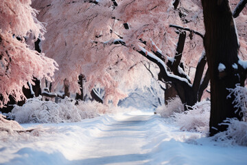 Snow-covered winter alley in the park, a path among trees covered with frost, cold season wallpaper