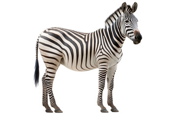 Fototapeta premium Zebra isolated on a transparent background. Animal right side view portrait.