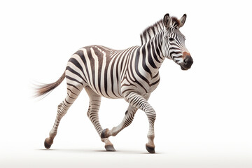 Zebra isolated on a white background running. Animal side view portrait.