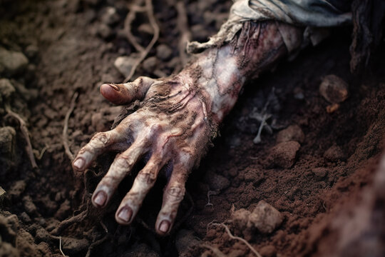 Zombie hands in the soil. Halloween theme.