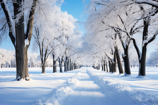 Snow-covered winter alley in the park, a path among trees covered with frost, cold season wallpaper