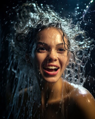 Woman in the shower with water splashing on her head and around her. Looking happy and joyful. 