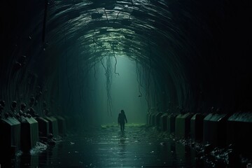 Obraz premium Drowning in a dark, abandoned underwater tunnel.