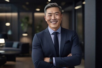 Fototapeta premium Happy handsome proud stylish mid aged mature professional business man ceo, successful confident smiling good looking male executive wearing suit standing in office looking at camera. Ai generated