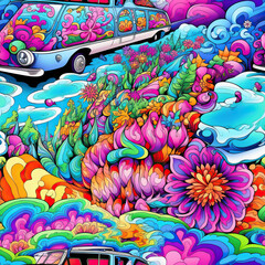 Fantasy magic rainbow colorful psychedelic trippy surrealism pop collage repeat pattern