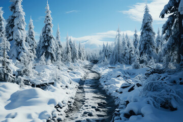 Fototapeta na wymiar Freezing road in a snowy winter forest, snow and ice in nature, beautiful winter landscape