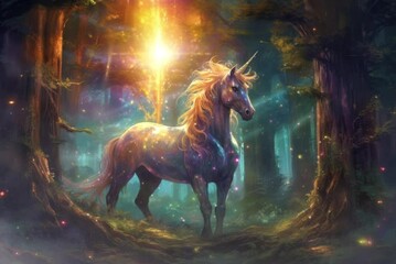 A majestic unicorn grazing on sparkling moonlit grass amidst towering trees, in a magical forest under the night sky.