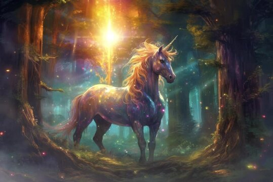 A majestic unicorn grazing on sparkling moonlit grass amidst towering trees, in a magical forest under the night sky.