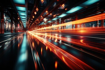 Fototapeta na wymiar Futuristic High Speed Light Tail, Underground Subway in Motion. City Nightlife Background.