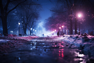 Obraz premium Snow covered night city street with illumination