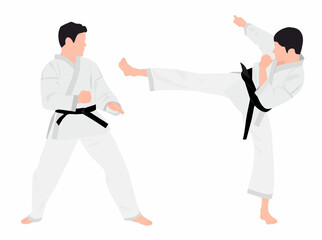 Two or pair of karate player  in fighting pose. Two young athletes of the karate player using martial art skill to participate in competition. Karate player in action. Combat and self defense skill.  © LazyArtist