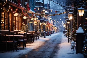 Foto op Aluminium Night city winter snowy street decorated with luminous garlands and lanterns for christmas, urban preparations for new year © staras