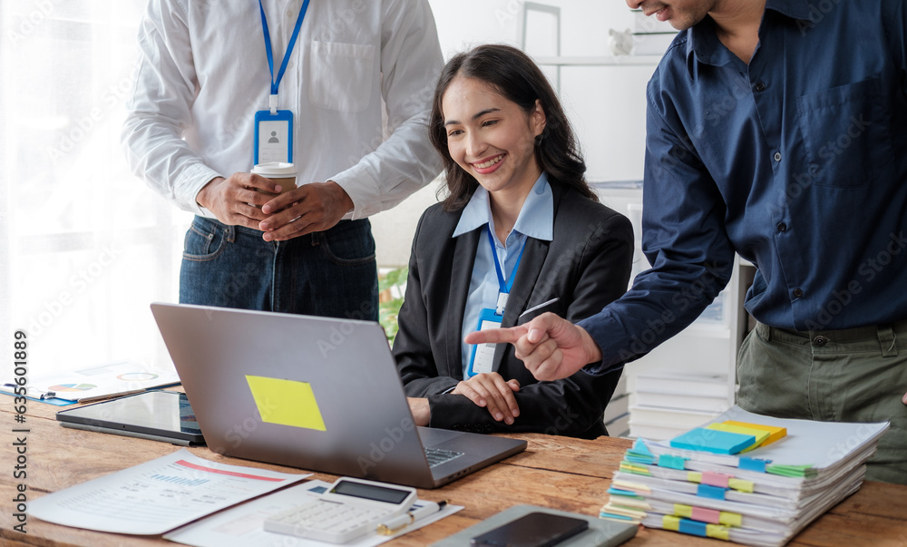 Poster business team analyzing income charts and graphs with modern laptop computer. business analysis and 