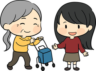 Simple and cute illustration of a girl and an old woman with a rollator walker