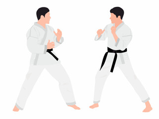 Two or pair of karate player  in fighting pose. Two young athletes of the karate player using martial art skill to participate in competition. Karate player in action. Combat and self defense skill. 