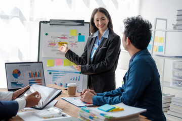 Colleagues meeting discuss business project planning, marketing strategies, and financial report analysis for business investment planning.