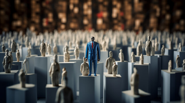 A figure of a black businessman or a politician in front of many people, in the style of surrealistic ceramic sculptures, leadership, Recognition, Achievement, Visibility, election
