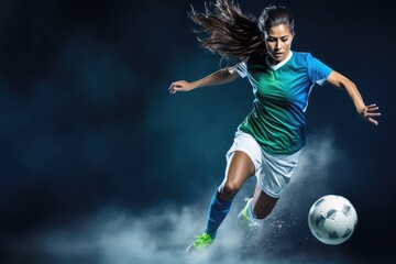 A female soccer player kicking the ball. - Powered by Adobe