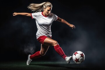 A female soccer player kicking the ball.