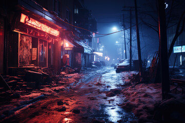 Dirty slum in a poor area of the city, snow covered street in the suburbs in winter on New Year's Eve - obrazy, fototapety, plakaty