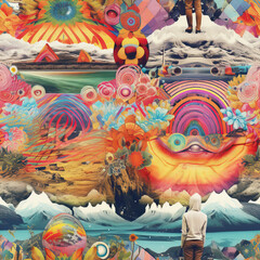 Psychedelic trippy hypnotic surrealism pop collage moodboard repeat pattern