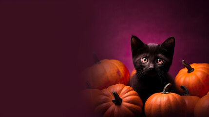 Black kitten and pumpkins on purple background with copy space