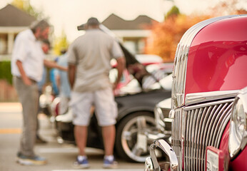 Group of men chat about muscle cars at vintage automotive show.