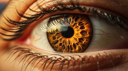 Closeup illustration of an eye. with reflection of a landscape Made with Generative AI.