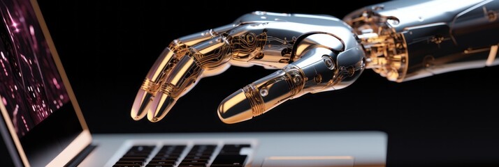 Naklejka premium Robot touching computer with its hand. Generative AI