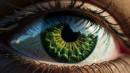 Closeup illustration of an eye. with reflection of a landscape Made with Generative AI.